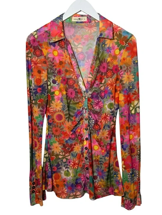 Natural Life Carina Mesh Top Bright Red Pink Floral Size XL - Picture 3 of 10